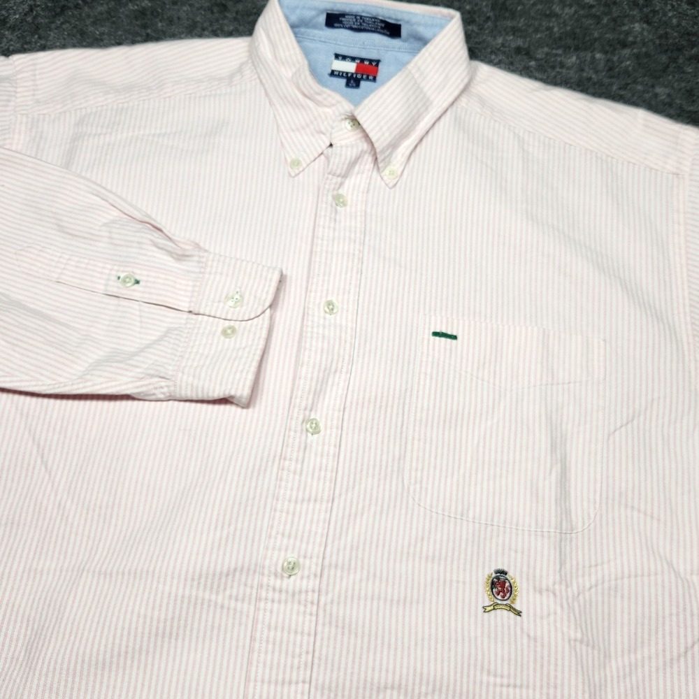 Tommy Hilfiger Mens Pink White Striped Button Down Oxford Shirt Preppy Crest L